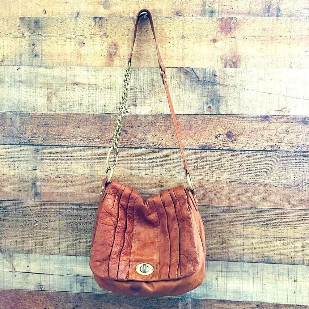 Sabina New York Chain Link Tan Leather Shoulder Crossbody Bag